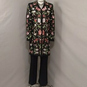 Incredible Silk Vintage Suit Floral Long Embroidered Floral Jacket Black Pants